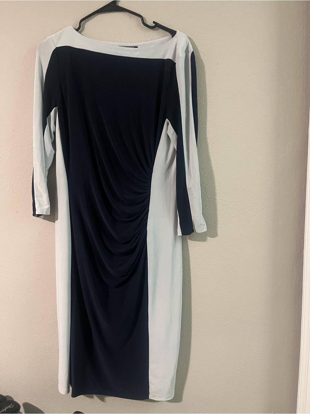 Lauren Ralph Lauren Navy and Gray Long Sleeve Ruched Midi Dress